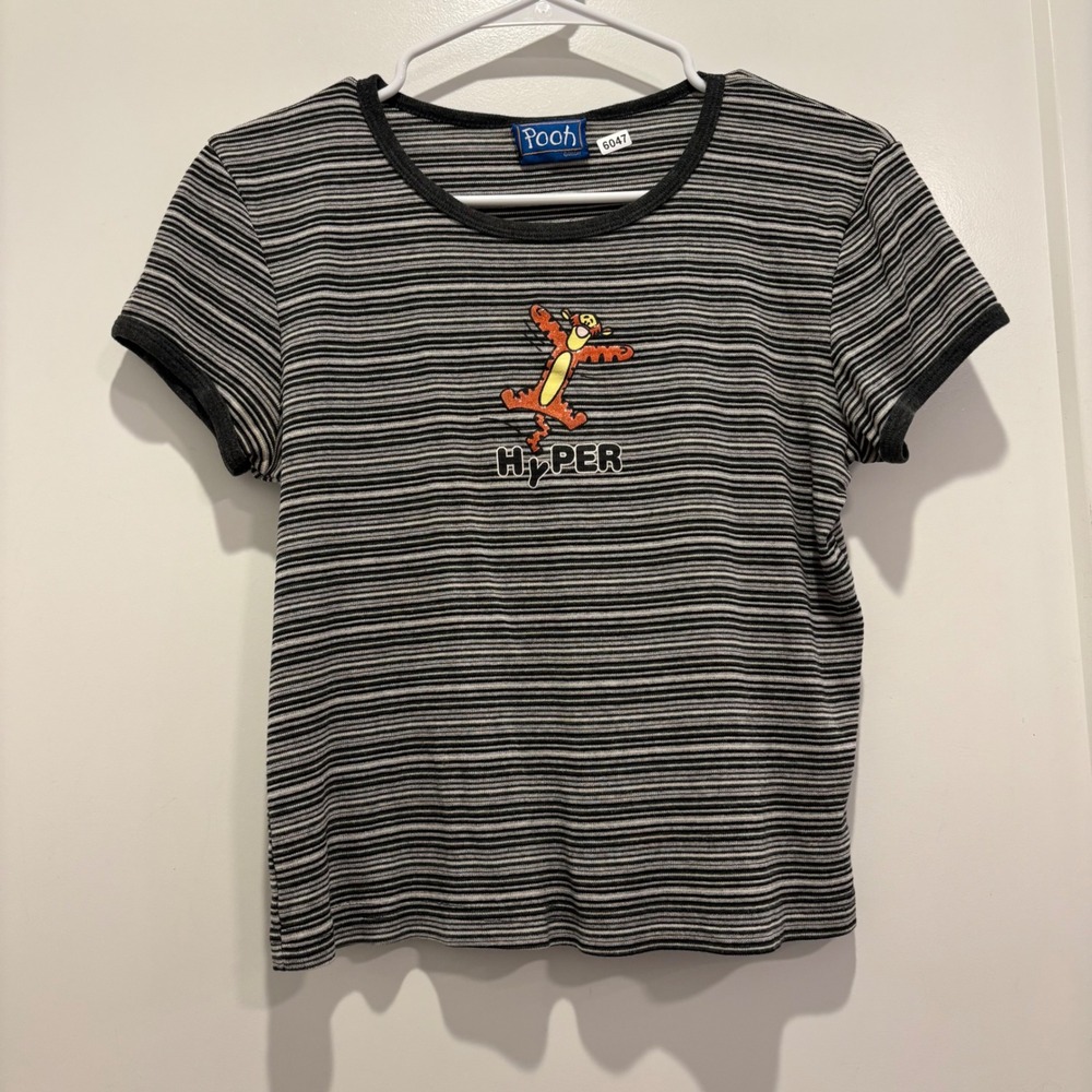 Vintage Pooh Disney Tigger Hyper Striped Ringer T-Shirt Black White Ribbed Small